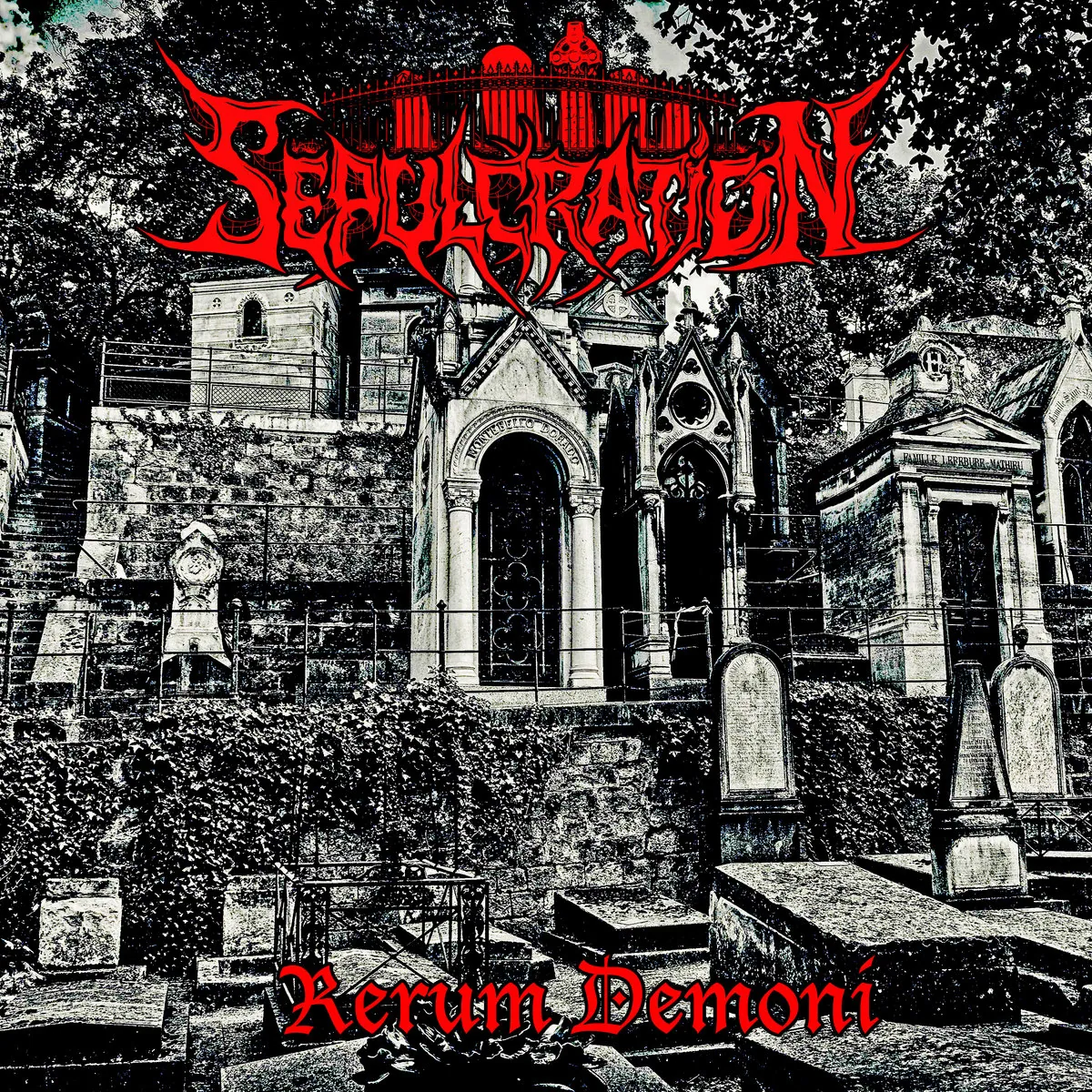 Rerum Demoni EP cover, featuring a black and white cemetery and the red Sepulcration logo